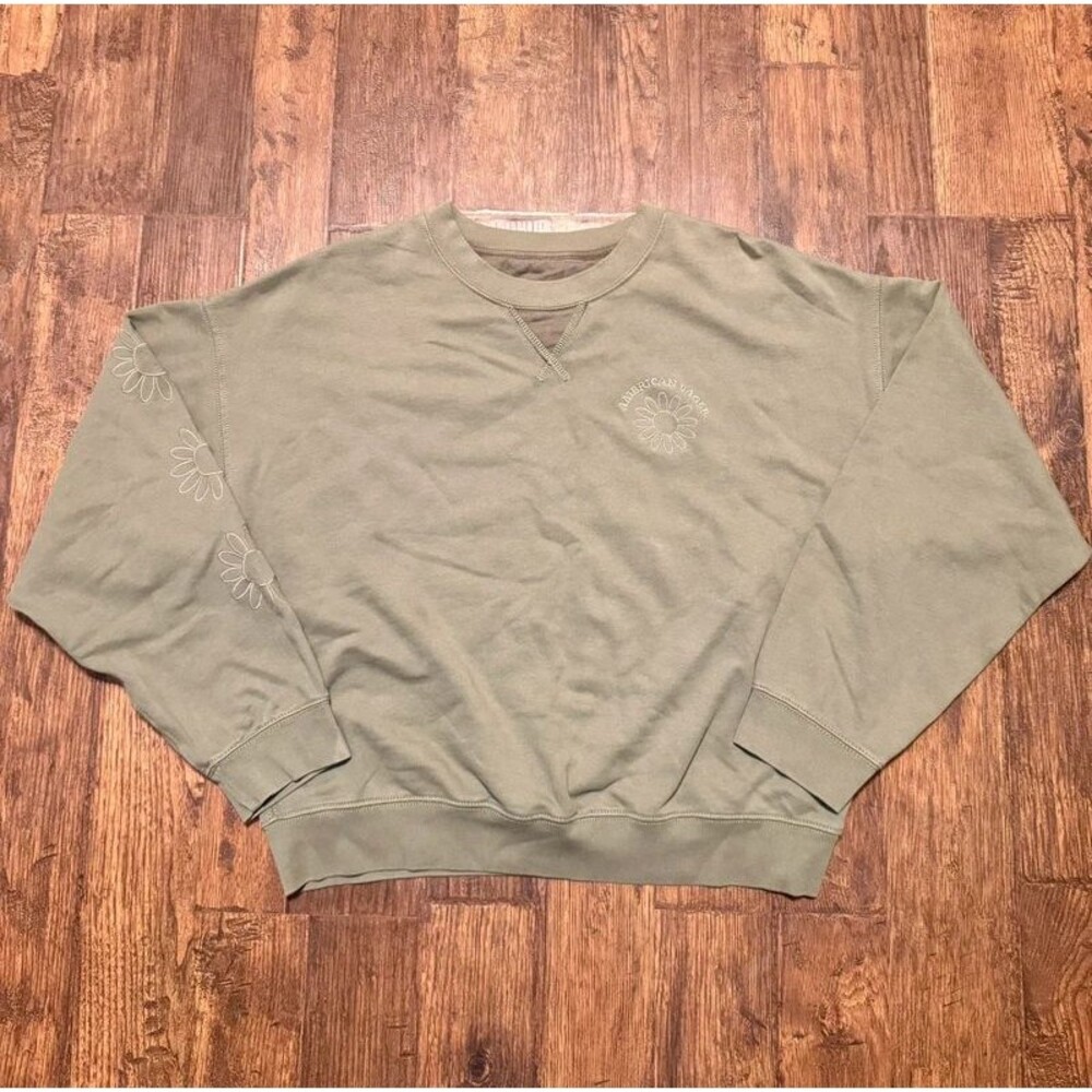 American Eagle Green Floral Embroidered Crewneck